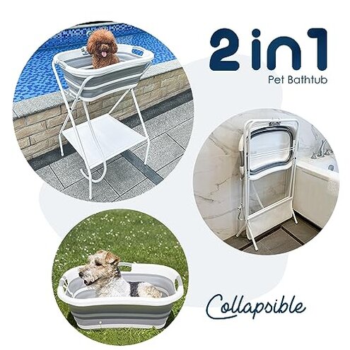 Beberoad 2 in 1 Dog Bath Tub Dog Washing Station for Bathing and Grooming, Elevated Collapsible Foldable Portable Shower Bathtub for Small Dogs Cats Pet, Indoor and Outdoor