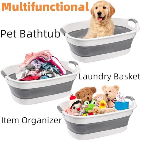 Coloch Collapsible Pet Bathtub with Water Drain Plug, Plastic Dog Bath Tub with Handle Portable Puppy Bathing Tub Space Saving Laundry Basket for Puppy, Small Dog, Cat, BPA Free, Grey