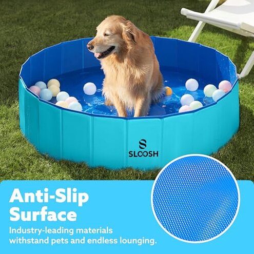 SLOOSH Foldable Dog Kiddie Pool - Portable Hard Plastic Doggie Swimming Pool, Anti-Slip Collapsible Pets Bath Tub Suitable for Kids Indoor Outdoor Backyard Use (48" x 12", Blue)