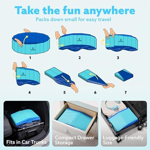 SLOOSH Foldable Dog Kiddie Pool - Portable Hard Plastic Doggie Swimming Pool, Anti-Slip Collapsible Pets Bath Tub Suitable for Kids Indoor Outdoor Backyard Use (48" x 12", Blue)