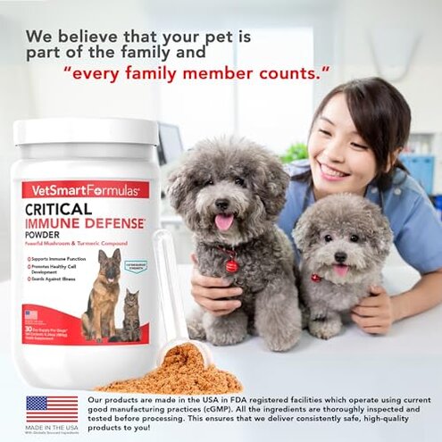 Critical Immune Defense for Dogs & Cats; Supports Normal Cell Growth - Turkey Tail, Reishi, Shiitake and Maitake Mushroom Formula with Patented White Turmeric Root Extract - 30-Day Supply