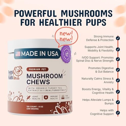 Turkey Tail Mushroom for Dogs with Organic Real Turkey Tail&trade; - 8:1 Extract Mushroom Chews for Lumps & Bumps, Immunity, Gut, Skin, Joint & Spine Support - Reishi, Lion&rsquo;s Mane - 120 Soft Chews