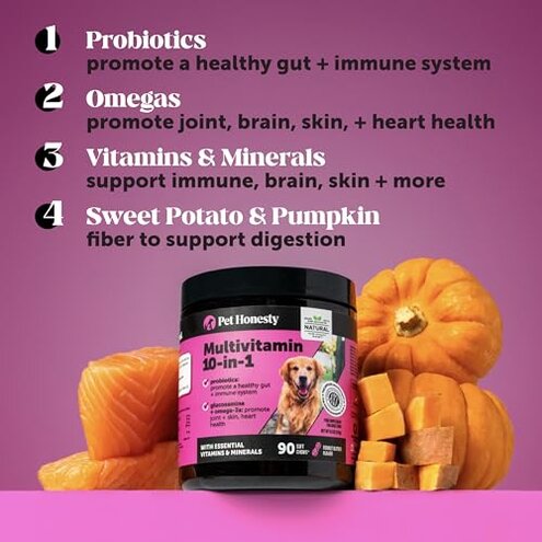 Multivitamin Dog Supplement, Glucosamine chondroitin for Dogs, Probiotics, Omega Fish Oil, Dog Supplements & Vitamins, Vitamins for Skin and Coat Allergies, (Peanut Butter 90 ct)