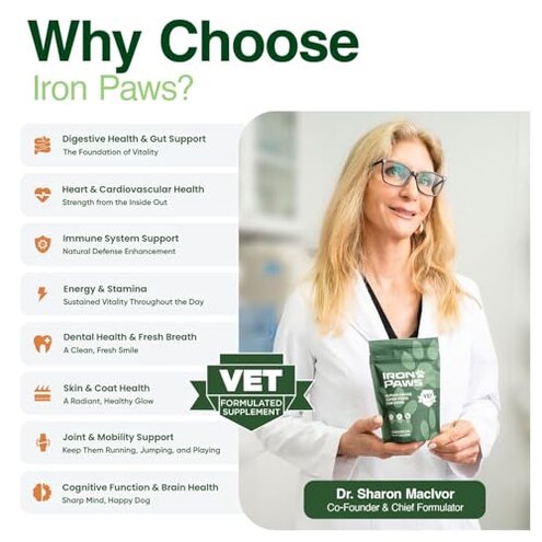 Iron Paws Human-Grade Superfood For Dogs, Premium Greens Powder Supplement For Dental Health, Longevity, Hip & Joint, Gut Health, Allergies, Immune Support, Skin & Coat - 3.5 oz Nutrient Dense Formula
