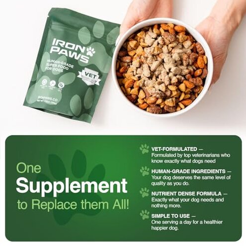 Iron Paws Human-Grade Superfood For Dogs, Premium Greens Powder Supplement For Dental Health, Longevity, Hip & Joint, Gut Health, Allergies, Immune Support, Skin & Coat - 3.5 oz Nutrient Dense Formula