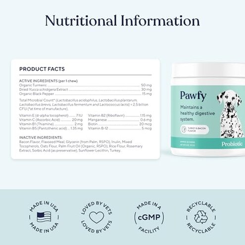 Pawfy Probiotics for Dogs | Supports Digestive Health, Diarrhea for Small, Large Dogs | Improves Gut Health | Anti Yeast Supplements | Skin Health Seasonal Allergies Support - 30 Chews (Bacon)
