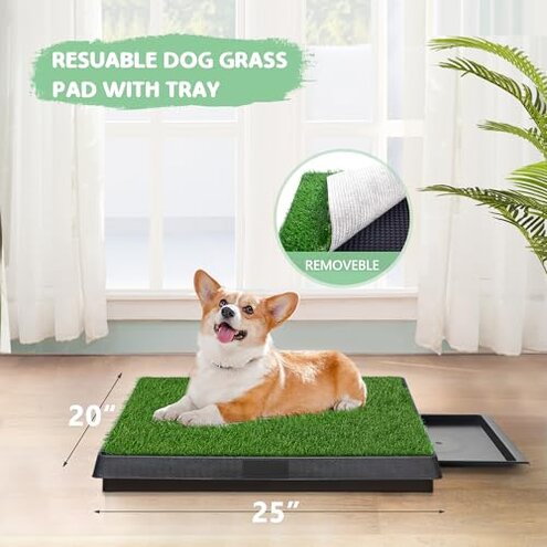 Dog Grass Pad With Tray, 25" x 20" Potty for Puppy Training, Reusable Artificial Pee Pad, Indoor/Outdoor Pet Toilet Loo, 3-Layer System