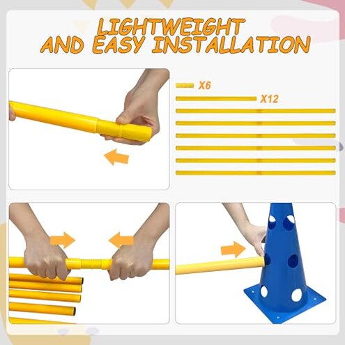 GeerDuo Dog Agility Hurdle Cone Set, Dog Agility Set Include 12 Agility Cones 6 Agility Rods, Dog Agility Equipment with Carry Bag