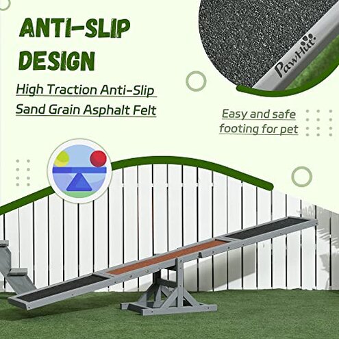 PawHut Wooden Dog Agility Seesaw for Training and Exercise, Platform Equipment Run Game Toy, Weather Resistant Pet Supplies, 71" L x 12" W x 12" H, Gray