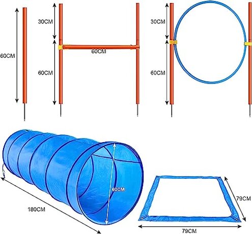 XiaZ Dog Agility Course Backyard Set, Dog Obstacle Course Training Starter Kit Pet Outdoor Game with Tunnel, Agility Hurdle, Weave Poles, Jump Ring, Pause Box, Collapsible Dog Bowls and Storage Bag
