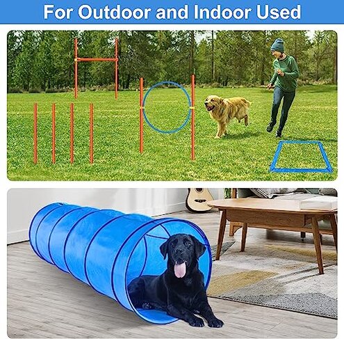 XiaZ Dog Agility Course Backyard Set, Dog Obstacle Course Training Starter Kit Pet Outdoor Game with Tunnel, Agility Hurdle, Weave Poles, Jump Ring, Pause Box, Collapsible Dog Bowls and Storage Bag