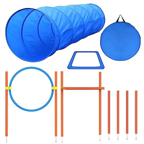 XiaZ Dog Agility Course Backyard Set, Dog Obstacle Course Training Starter Kit Pet Outdoor Game with Tunnel, Agility Hurdle, Weave Poles, Jump Ring, Pause Box, Collapsible Dog Bowls and Storage Bag