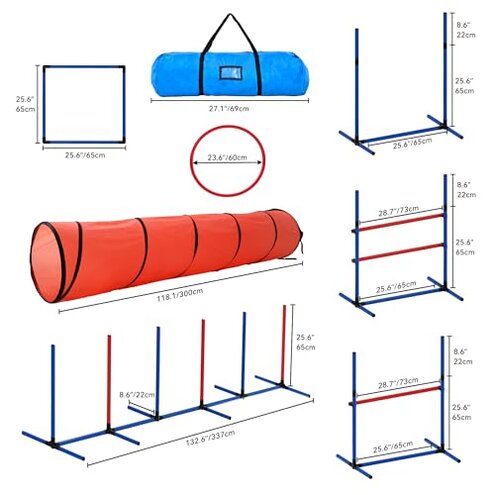 DWVO Dog Agility Accessories Kit: Comprises of a Teaser Pole, 2 Hurdles, 3 Flying Discs, 6 Weaving Poles, Agility Tunnel, Pause Box, Full Set of Agility Equipment for Backyard Indoors Outdoors