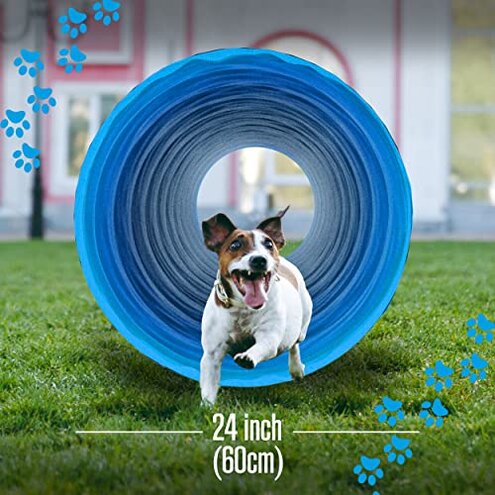 Houseables Dog Tunnel, Dog Agility Tunnel, Agility Equipment, Puppy Obstacle Course, Pet Playground, Crawling, Small, Medium, Large, Indoor/Outdoor, Play, Pop Up Set, Exercise Tube, Toy, Blue, 18 Feet