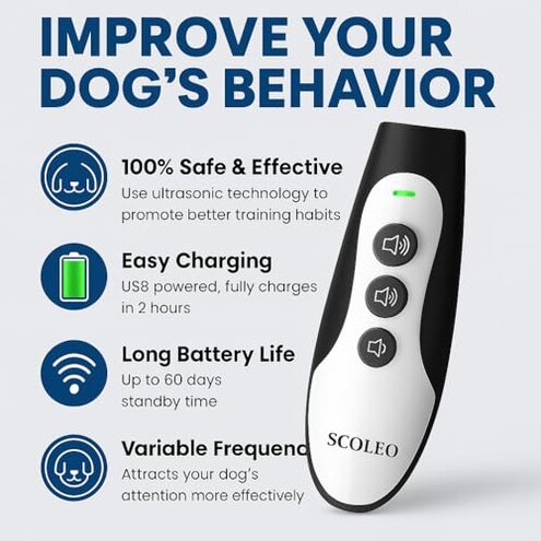 SCOLEO Anti Barking Device for Dogs - Ultrasonic Dog Trainer with VF Tech, 3 Modes Bark Control, Rechargeable Dog Bark Deterrent for Behavior Correction - Indoor & Outdoor Use
