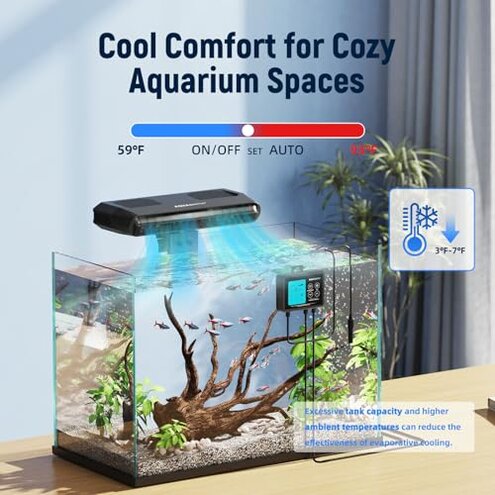 AQUASMITH Aquarium Chiller Fan,Fish Tank Cooler with Temperature Control,Minimum Setting 59℉,Auto Start/Stop,Refrigeration Effect 3-7℉,3-Speed Modes,for Axolotl Seawater Freshwater Coral Grass Tank