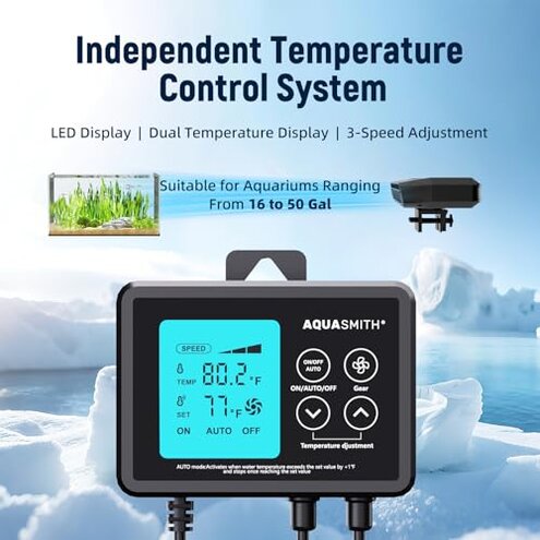 AQUASMITH Aquarium Chiller Fan,Fish Tank Cooler with Temperature Control,Minimum Setting 59℉,Auto Start/Stop,Refrigeration Effect 3-7℉,3-Speed Modes,for Axolotl Seawater Freshwater Coral Grass Tank