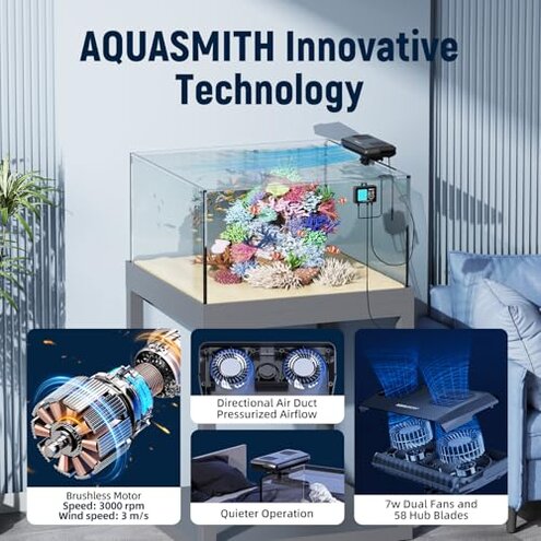 AQUASMITH Aquarium Chiller Fan,Fish Tank Cooler with Temperature Control,Minimum Setting 59℉,Auto Start/Stop,Refrigeration Effect 3-7℉,3-Speed Modes,for Axolotl Seawater Freshwater Coral Grass Tank