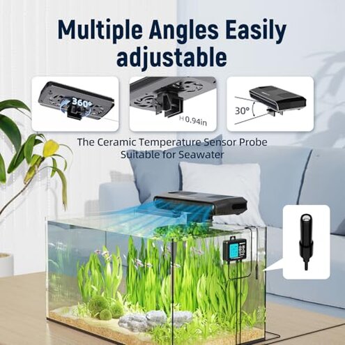 AQUASMITH Aquarium Chiller Fan,Fish Tank Cooler with Temperature Control,Minimum Setting 59℉,Auto Start/Stop,Refrigeration Effect 3-7℉,3-Speed Modes,for Axolotl Seawater Freshwater Coral Grass Tank