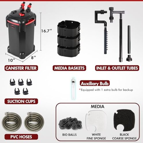PONDFORSE 265GPH Canister Filter, 3-Stage External Aquarium Filter Ultra-Quiet Water Circulation Cleaning Machine with Media for Fish Tanks and Aquariums Up to 75 Gallons (265GPH)