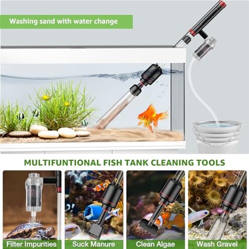 Suness Electric Aquarium Vacuum Gravel Cleaner: 24W Fish Tank Vacuum Gravel Cleaner with Strong Suction for Automatic Water Change Algae Remover Sand Wash Water Shower and Water Circulation, Timed Off