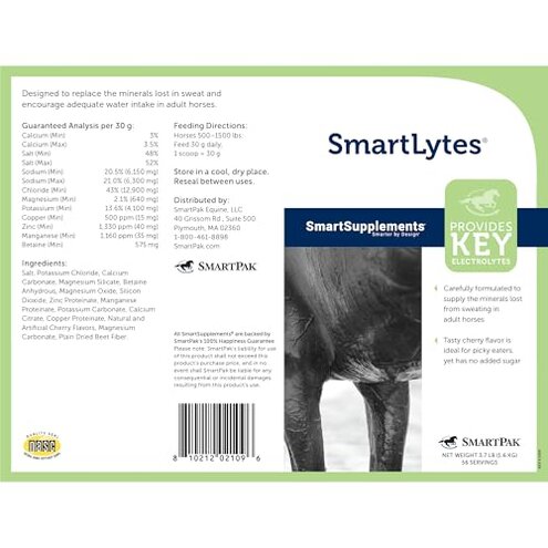SmartEquine SmartLytes Horse Electrolyte Powder Supplement | Encourages Hydration, Replenishes Electrolytes | No Added Sugar | Cherry Flavor | 56 Servings | 3.7 lb Bucket