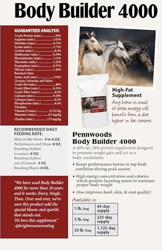 Pennwoods Body Builder 4000, Horse Weight Gain Supplement, High Fat and Energy Horse Weight Builder with Body Conditioning Horse Vitamins, Improves Hoof Quality - 25 LB Bag