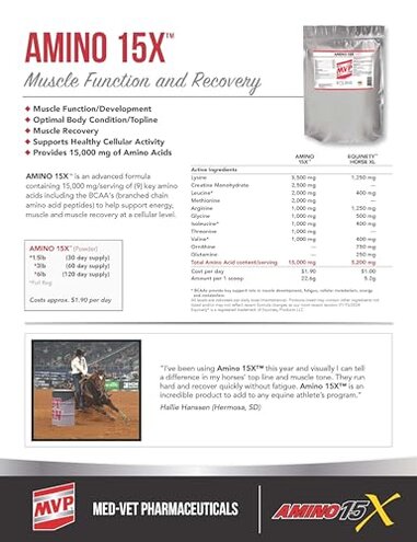 MVP Amino 15X (1.5lb) Supports Healthy Muscle Function, Development and Recovery in Horses.