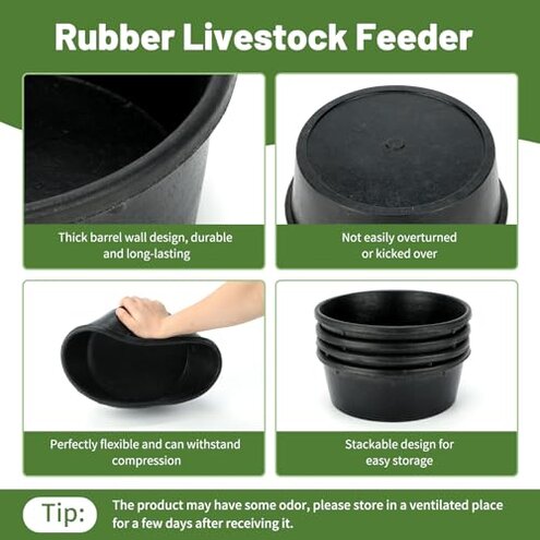 GINDOOR 4Pcs Rubber Feed Pan, 1 Gallon Horse Feed Bucket Utility Feed Bucket, 10.6 x 4.1Inches Rubber Bowl Chicken Dust Bath Livestock Water Bowl for Pig Goat Chicken Dogs Farm Small Animal