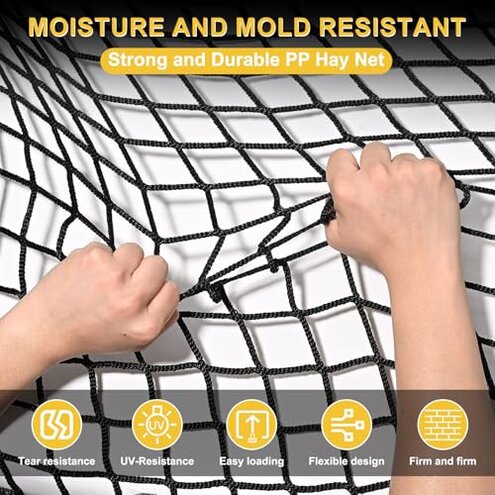 NETYSAY 5x5 ft Round Bale Hay Net for Horses, Knotless Design Slow Feed Hay Net with 2&rdquo; Holes, Fits 4x5 and 5x5 Round Bales, Stackable 2- and 3-String Square Bales, Large Heavy Duty Slow Feeder Nets