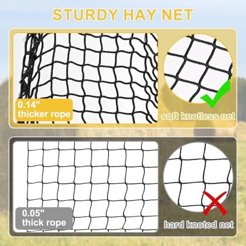 NETYSAY 5x5 ft Round Bale Hay Net for Horses, Knotless Design Slow Feed Hay Net with 2&rdquo; Holes, Fits 4x5 and 5x5 Round Bales, Stackable 2- and 3-String Square Bales, Large Heavy Duty Slow Feeder Nets