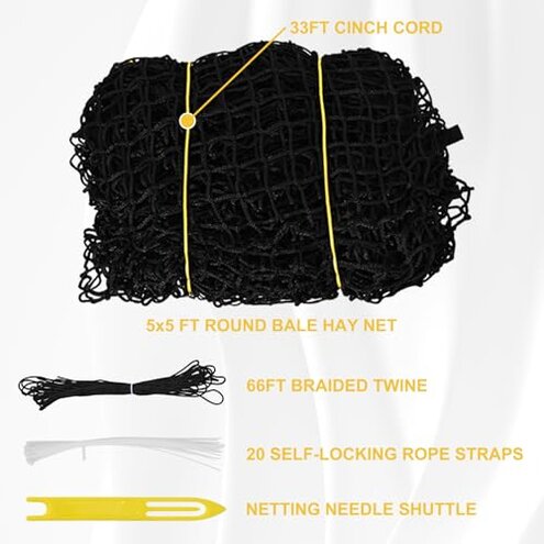 NETYSAY 5x5 ft Round Bale Hay Net for Horses, Knotless Design Slow Feed Hay Net with 2&rdquo; Holes, Fits 4x5 and 5x5 Round Bales, Stackable 2- and 3-String Square Bales, Large Heavy Duty Slow Feeder Nets