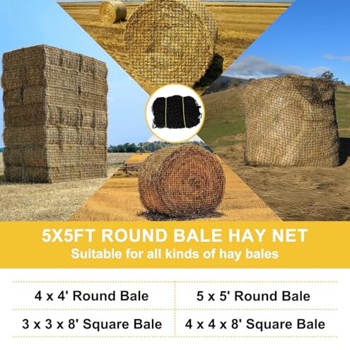 NETYSAY 5x5 ft Round Bale Hay Net for Horses, Knotless Design Slow Feed Hay Net with 2&rdquo; Holes, Fits 4x5 and 5x5 Round Bales, Stackable 2- and 3-String Square Bales, Large Heavy Duty Slow Feeder Nets