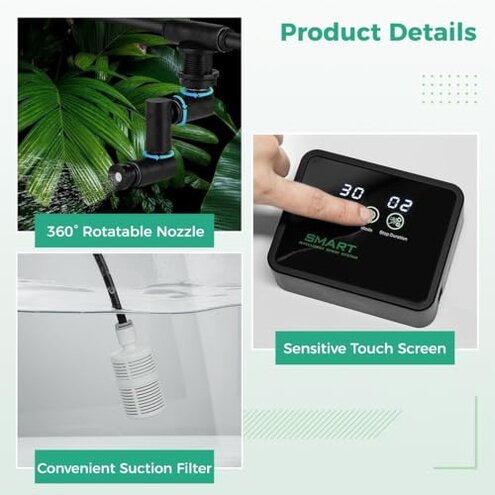 Reptile Tank Humidifier With Smart Spray System, Led Touch Control & Timer