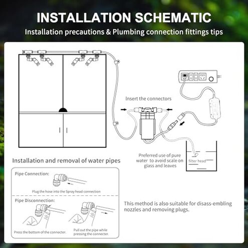 RUNWUSHENG Reptile Mister System with Timer, Reptile humidifier with 6 Spray nozzles,self-Priming Pump Low Noise， misting System for Reptiles of Amphibians, Tanks, Paludarium