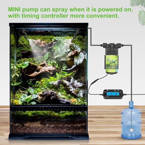 RUNWUSHENG Reptile Mister System with Timer, Reptile humidifier with 6 Spray nozzles,self-Priming Pump Low Noise， misting System for Reptiles of Amphibians, Tanks, Paludarium