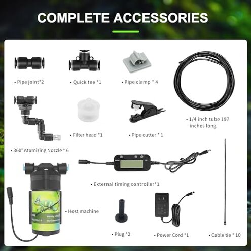 RUNWUSHENG Reptile Mister System with Timer, Reptile humidifier with 6 Spray nozzles,self-Priming Pump Low Noise， misting System for Reptiles of Amphibians, Tanks, Paludarium