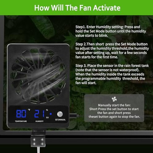 DAOTAILI 2 PCS Reptile Fans with Thermo-hygrometer | Real-Time Humidity Control Fan Dehumidifier for Enclosures, Aquariums & Terrariums