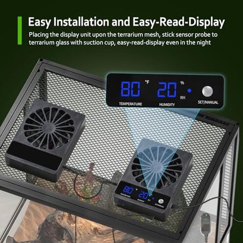 DAOTAILI 2 PCS Reptile Fans with Thermo-hygrometer | Real-Time Humidity Control Fan Dehumidifier for Enclosures, Aquariums & Terrariums