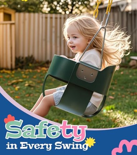 High Back Full Bucket, Toddler Swing with Coated Chains & Triangle Dip Pinch Protection for Safety, Baby Swing Outdoor with Locking Buckles, Toddler Bucket Swing for Backyard, Playground, Green