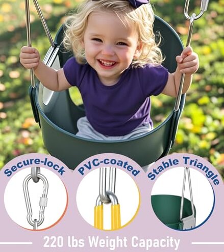 High Back Full Bucket, Toddler Swing with Coated Chains & Triangle Dip Pinch Protection for Safety, Baby Swing Outdoor with Locking Buckles, Toddler Bucket Swing for Backyard, Playground, Green
