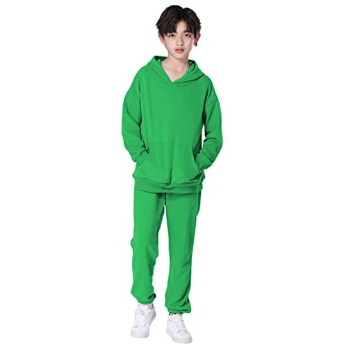 amropi Boy's Hooded Tracksuit Pullover Sweatshirt Jogging Pants Set 2 Pieces Sweatsuit Green, 11-12 Years
