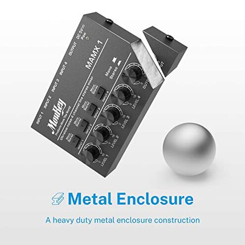 Moukey Mini Audio Mixer, DC 5V, 4 Stereo Ultra, Low Noise 4 Channel Line Mixer for Sub-Mixing, for Small Clubs or Bars, As Guitars, Bass, Keyboards Mixer, MAMX1