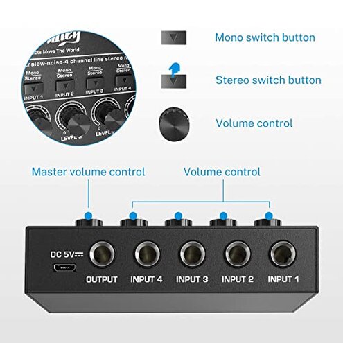 Moukey Mini Audio Mixer, DC 5V, 4 Stereo Ultra, Low Noise 4 Channel Line Mixer for Sub-Mixing, for Small Clubs or Bars, As Guitars, Bass, Keyboards Mixer, MAMX1