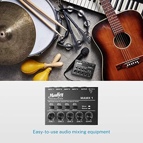Moukey Mini Audio Mixer, DC 5V, 4 Stereo Ultra, Low Noise 4 Channel Line Mixer for Sub-Mixing, for Small Clubs or Bars, As Guitars, Bass, Keyboards Mixer, MAMX1