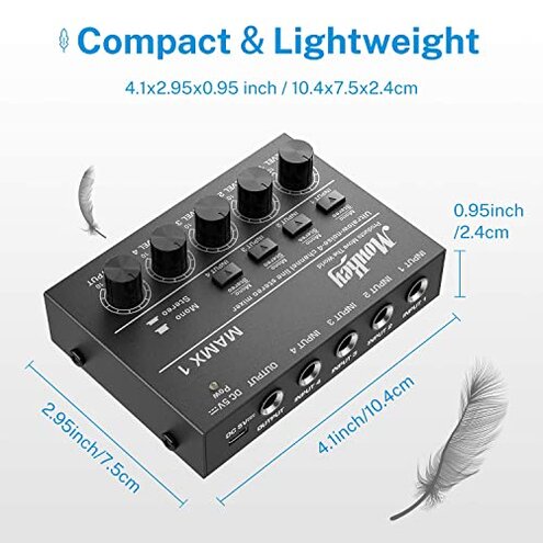 Moukey Mini Audio Mixer, DC 5V, 4 Stereo Ultra, Low Noise 4 Channel Line Mixer for Sub-Mixing, for Small Clubs or Bars, As Guitars, Bass, Keyboards Mixer, MAMX1