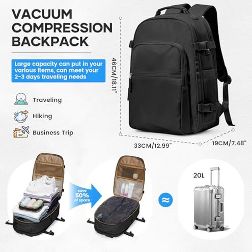 UPPACK Vacuum Backpack Travel With Pump for Women Men Carry on Backpack Luggage Flight Approved Personal item Travel Bag Work College Casual Daypack Backpacks with Vacuum Compression Black