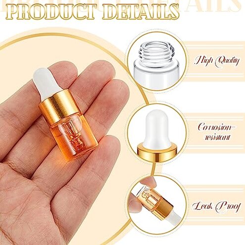 Didaey 200 Pcs Mini Glass Oil Dropper Bottle Bulk, Clear Essential Small Empty Bottles Sample Containers Perfume Liquid Vials with Cap for Traveling (2 ml,Gold)