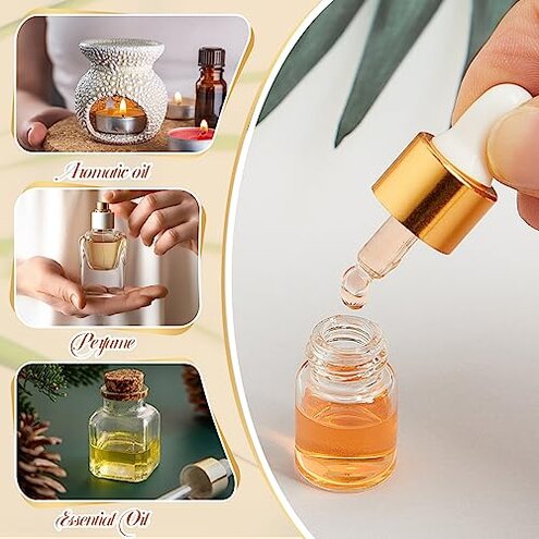 Didaey 200 Pcs Mini Glass Oil Dropper Bottle Bulk, Clear Essential Small Empty Bottles Sample Containers Perfume Liquid Vials with Cap for Traveling (2 ml,Gold)