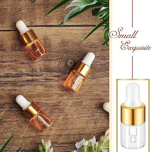 Didaey 200 Pcs Mini Glass Oil Dropper Bottle Bulk, Clear Essential Small Empty Bottles Sample Containers Perfume Liquid Vials with Cap for Traveling (2 ml,Gold)